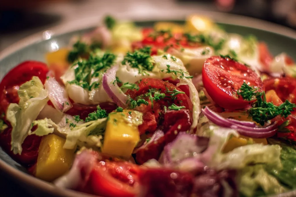 Colorful chopped salad with fresh vegetables and dressing served in a bowl.