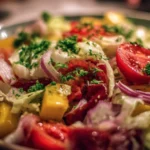 Colorful chopped salad with fresh vegetables and dressing served in a bowl.