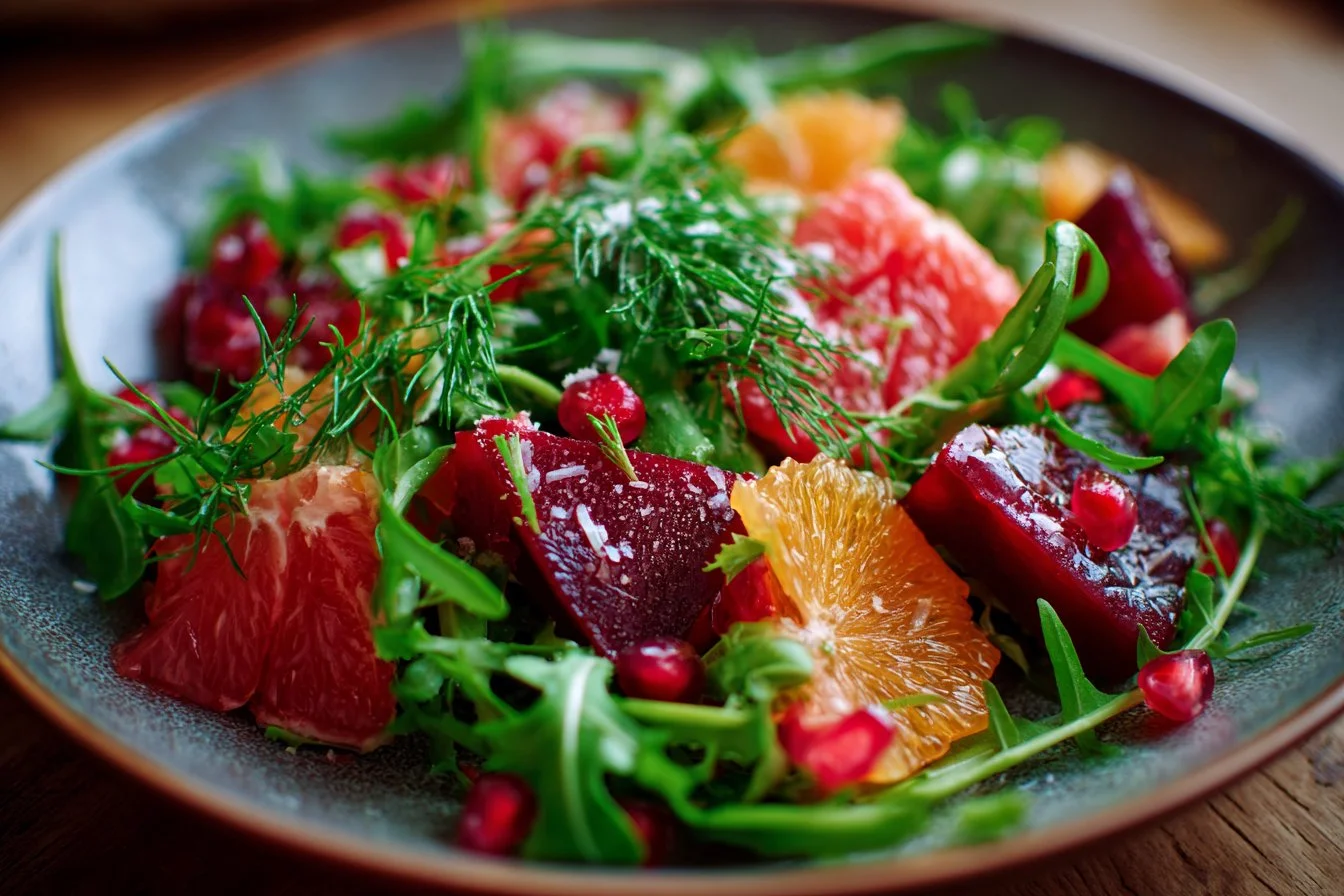 A beautifully presented Christmas Salad with seasonal ingredients.