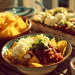 Colorful Cinco de Mayo party food spread with tacos, guacamole, and margaritas
