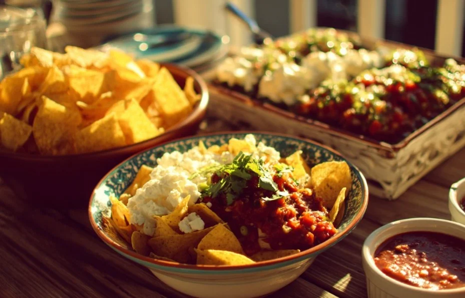 Colorful Cinco de Mayo party food spread with tacos, guacamole, and margaritas