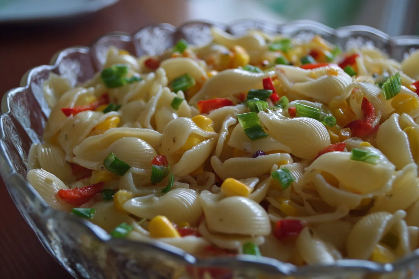 A bowl of refreshing cold pasta salad, vibrant with vegetables and dressing.