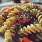 Colorful cold pasta salad with fresh vegetables and dressing