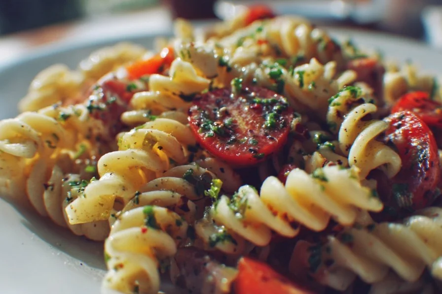 Colorful cold pasta salad with fresh vegetables and dressing