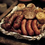 Delicious cookout food spread with grilled meats, sides, and drinks at a barbecue.