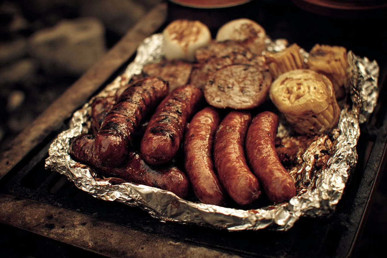 Delicious cookout food spread with grilled meats, sides, and drinks at a barbecue.