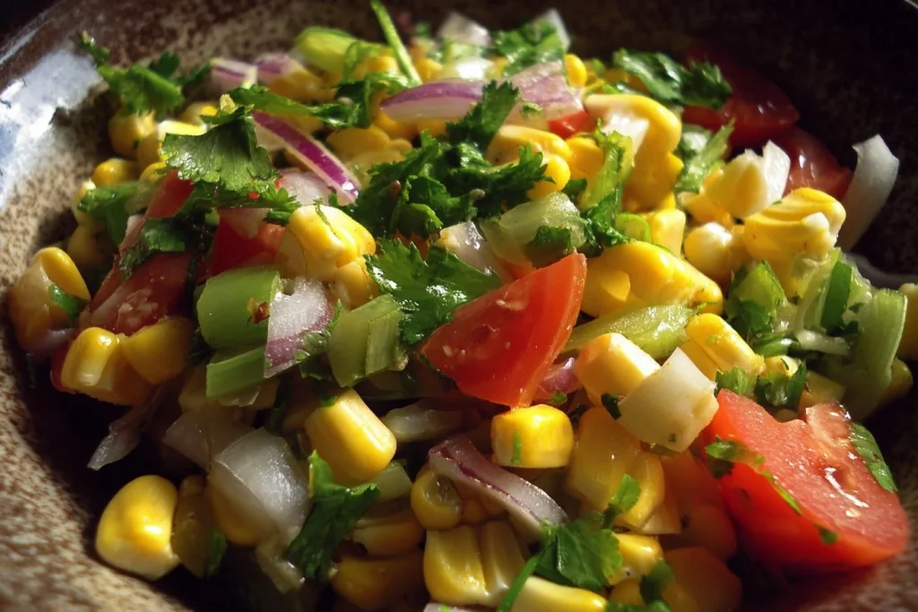 A colorful corn salad with fresh vegetables in a bowl
