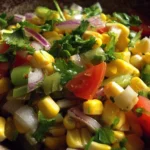 A colorful corn salad with fresh vegetables in a bowl
