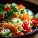 Colorful couscous salad with fresh vegetables and herbs in a bowl.