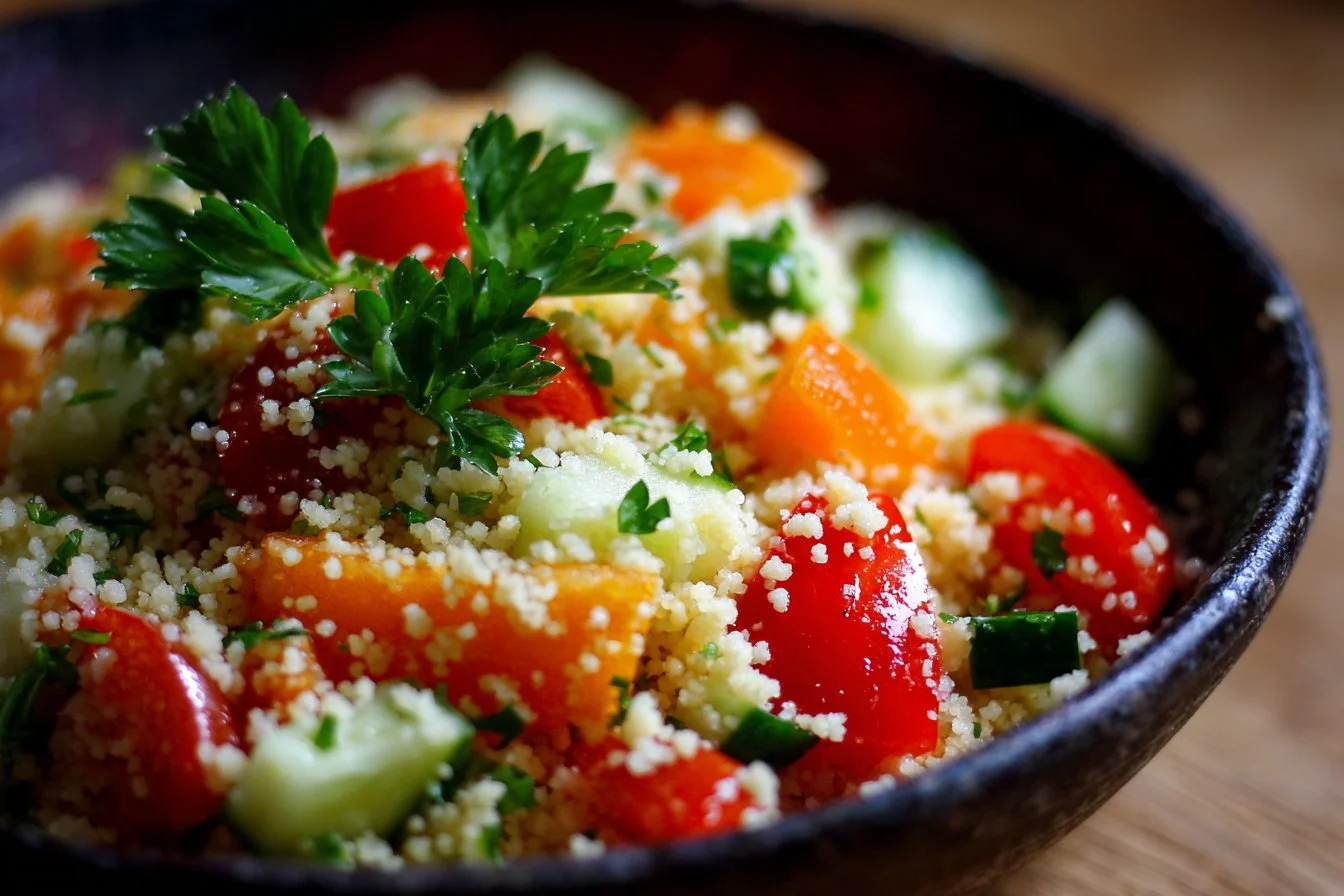 Colorful couscous salad with fresh vegetables and herbs in a bowl.