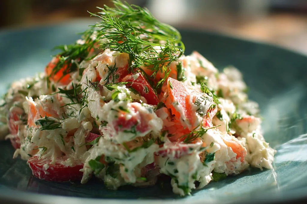 Delicious and refreshing crab salad with vegetables and dressing