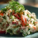Delicious and refreshing crab salad with vegetables and dressing