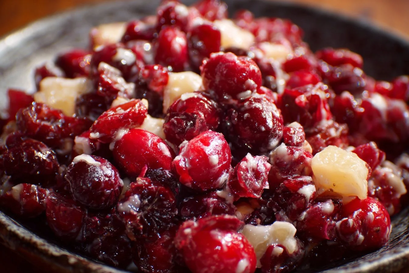 A vibrant bowl of cranberry salad with nuts and fresh greens