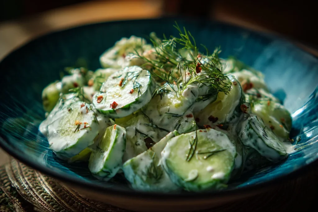 Delicious creamy cucumber salad served in a bowl with fresh ingredients.
