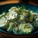 Delicious creamy cucumber salad served in a bowl with fresh ingredients.