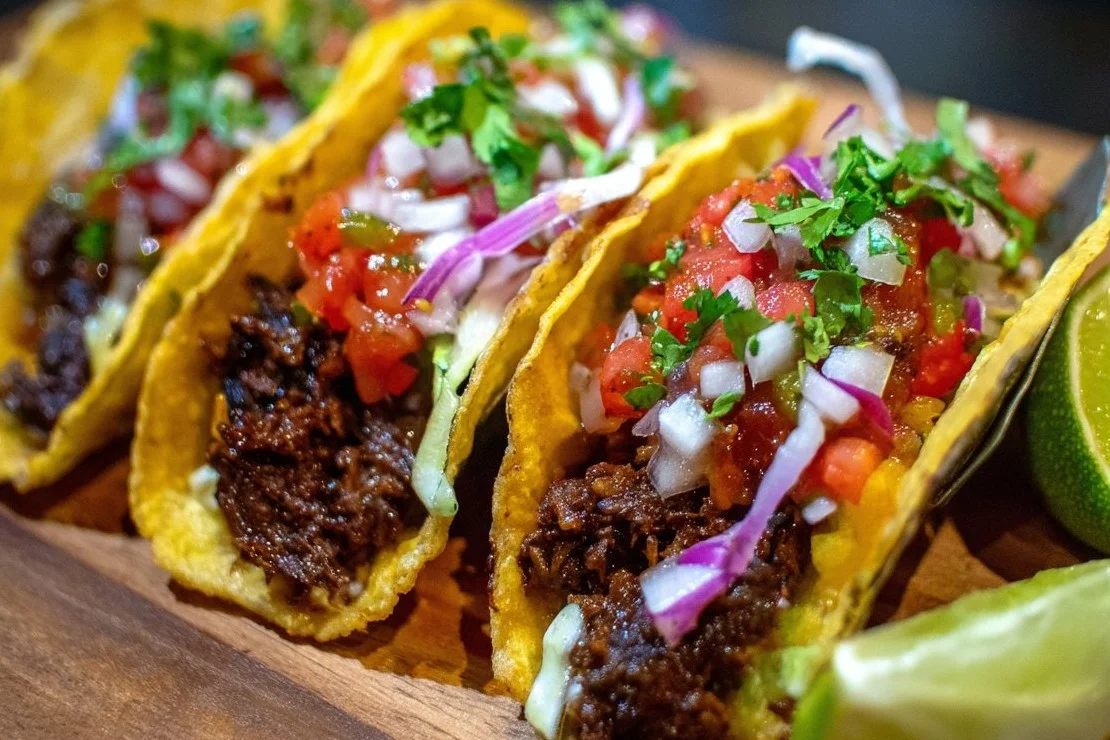 Crispy beef tacos served with fresh toppings and vibrant sauces