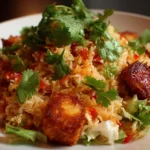 Delicious crispy rice salad with colorful vegetables and dressing