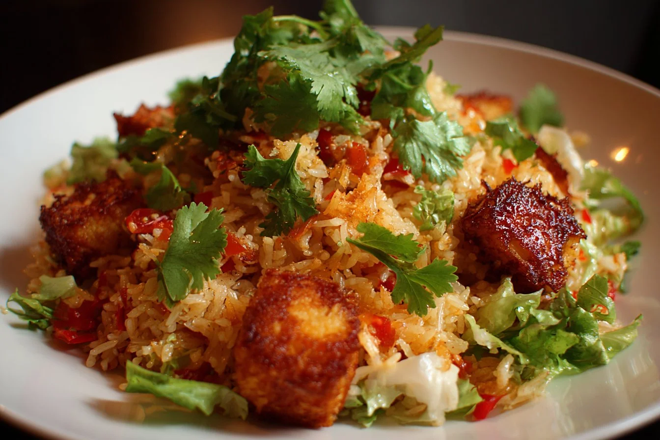 Delicious crispy rice salad with colorful vegetables and dressing