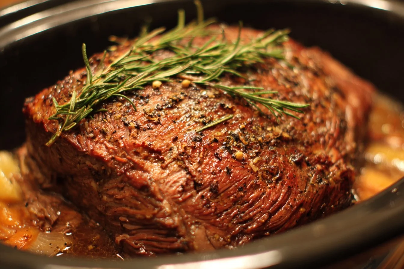 Delicious Crock Pot roast beef served with vegetables