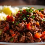 Delicious crockpot ground beef dish topped with fresh herbs
