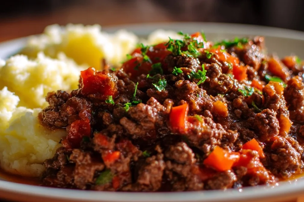 Delicious crockpot ground beef dish topped with fresh herbs