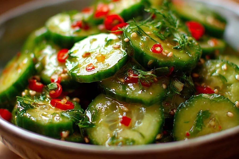 Fresh cucumber salad with herbs and dressing in a bowl