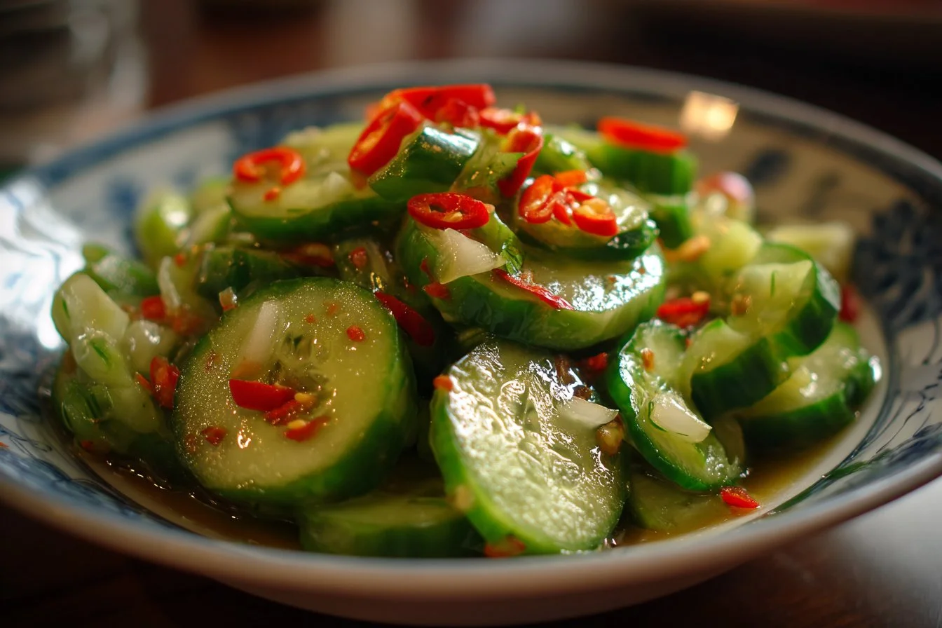 Fresh cucumber salad with herbs and dressing in a bowl