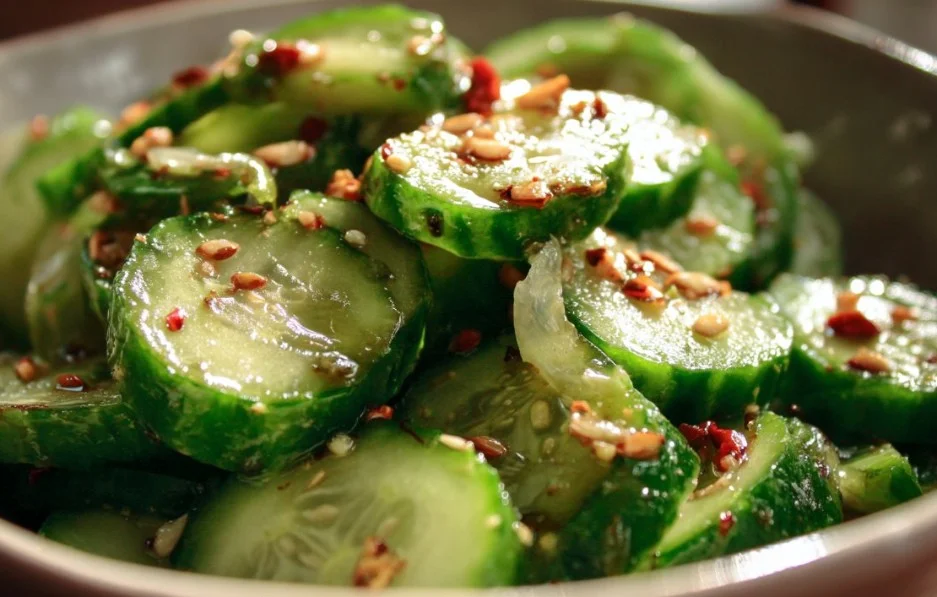 Fresh cucumber salad with herbs and dressing in a bowl