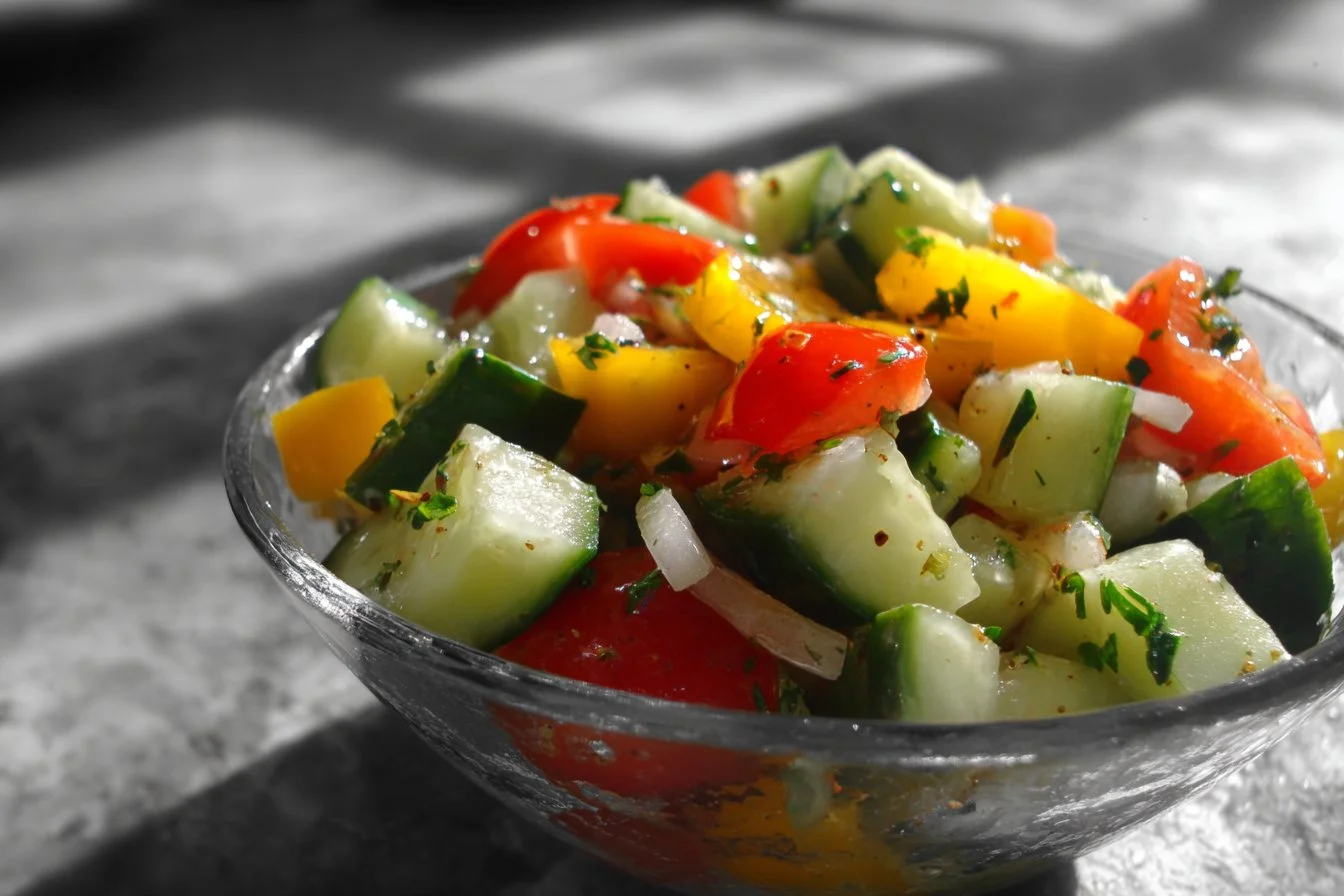 Fresh Cucumber Tomato Salad served in a bowl with herbs