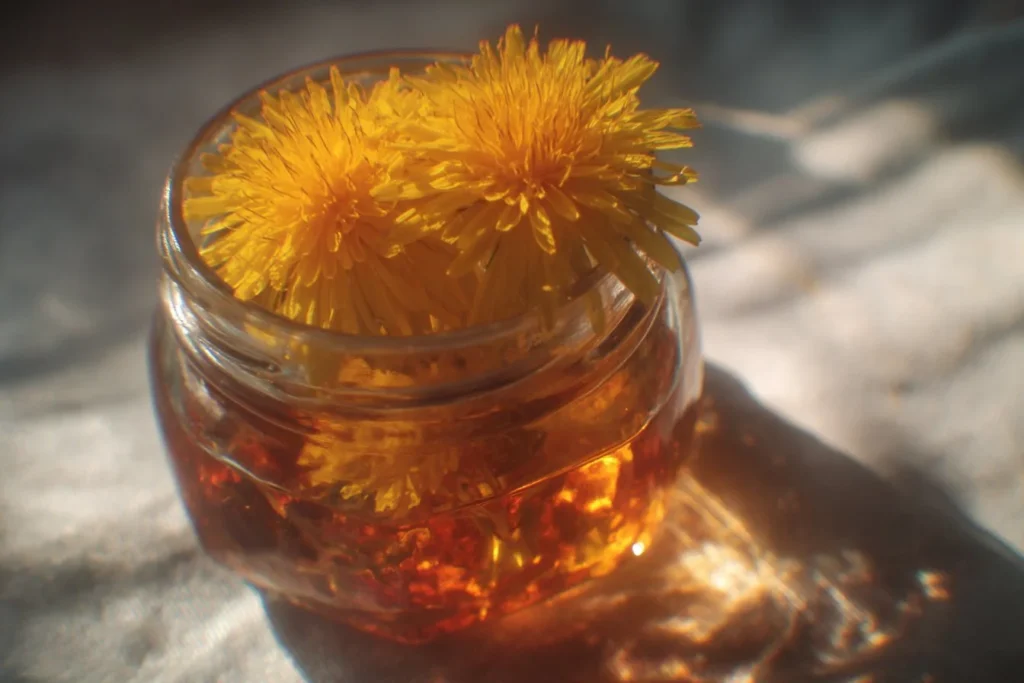 A jar of Dandelion Jelly with blooming dandelions in the background