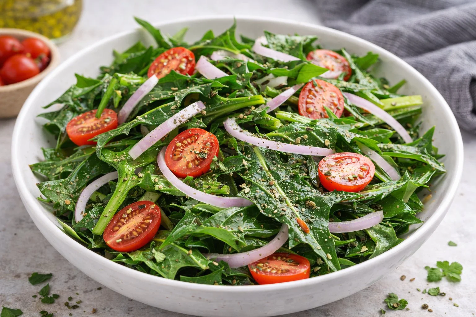 A fresh dandelion salad with vibrant greens and colorful toppings.