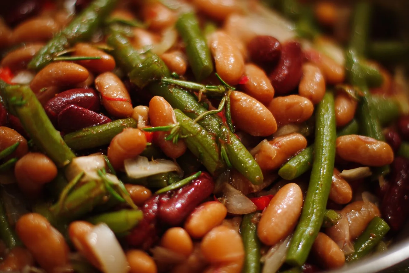 Colorful dense bean salad with various beans and vegetables in a bowl