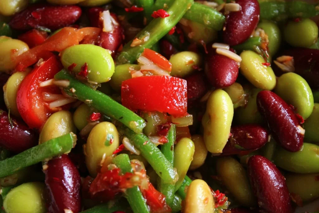 A colorful bowl of dense bean salad with various vegetables and dressing