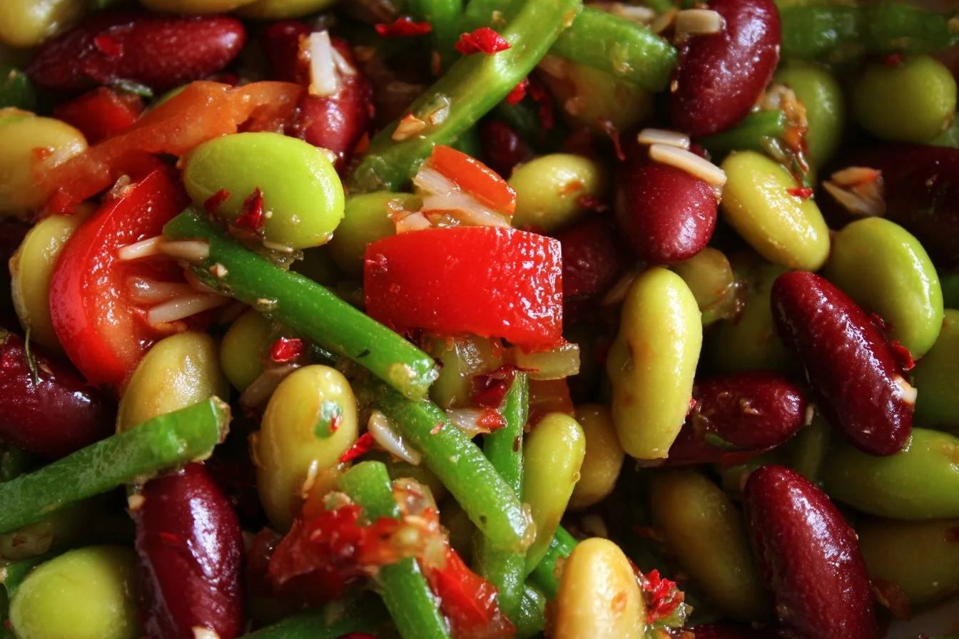 A colorful bowl of dense bean salad with various vegetables and dressing