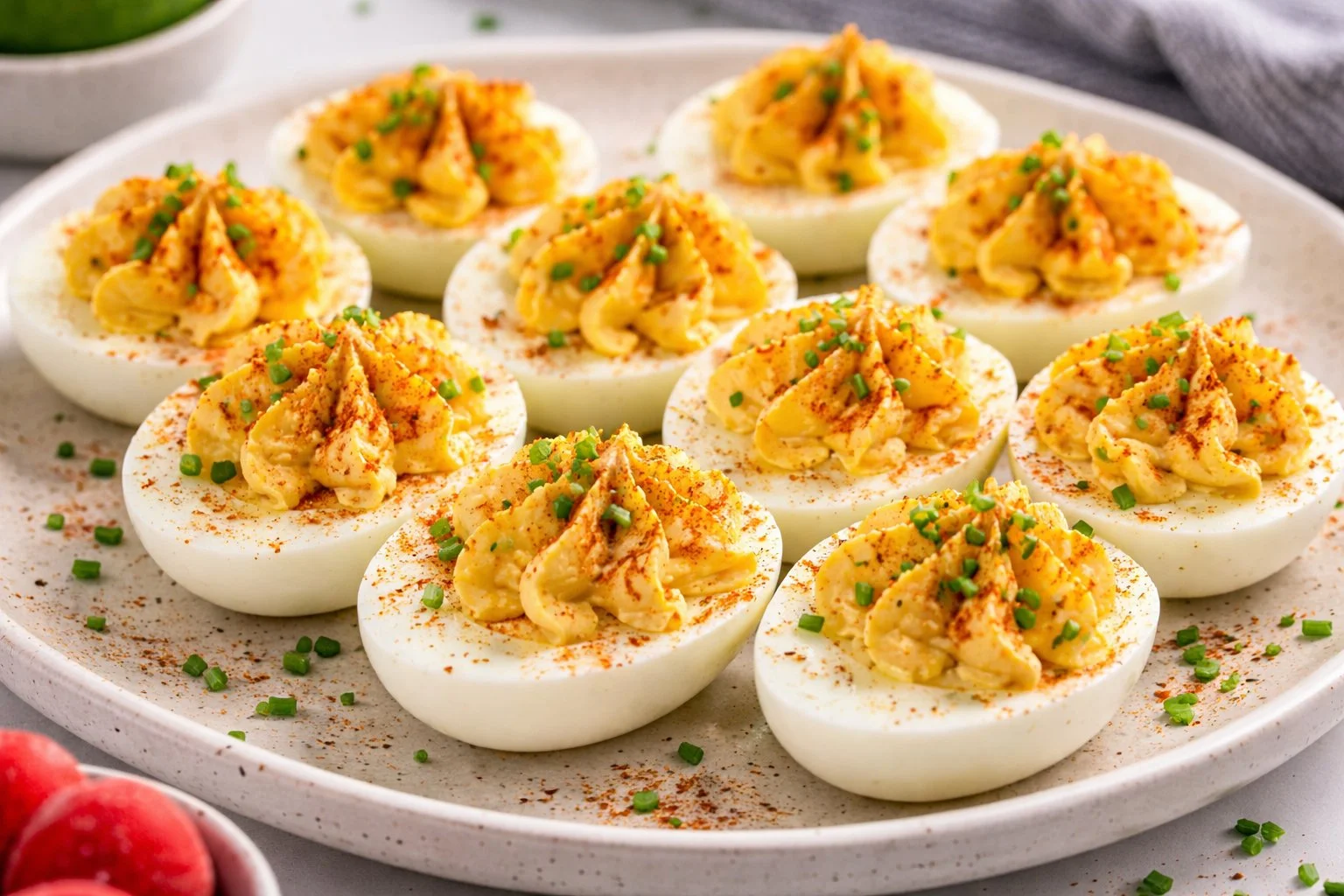 A plate of delicious deviled eggs garnished with paprika and herbs.