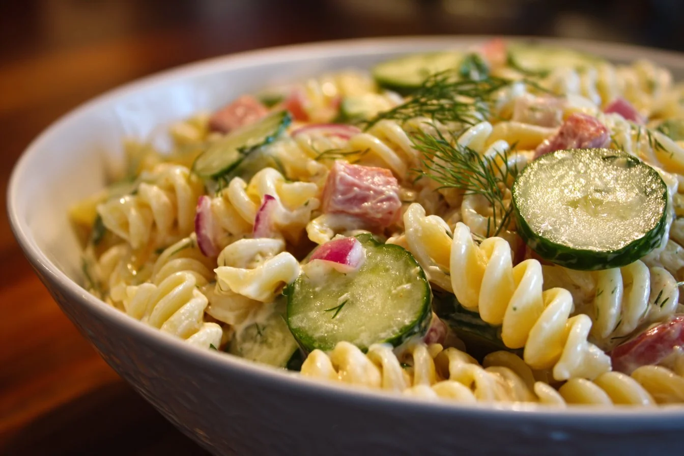 Delicious Dill Pickle Pasta Salad served in a bowl with fresh ingredients.
