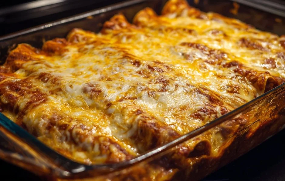Easy beef enchiladas topped with cheese and served on a plate