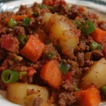 Easy ground beef dinner recipe with cooked ground beef in a skillet