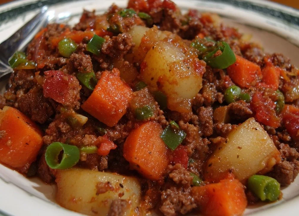 Easy ground beef dinner recipe with cooked ground beef in a skillet
