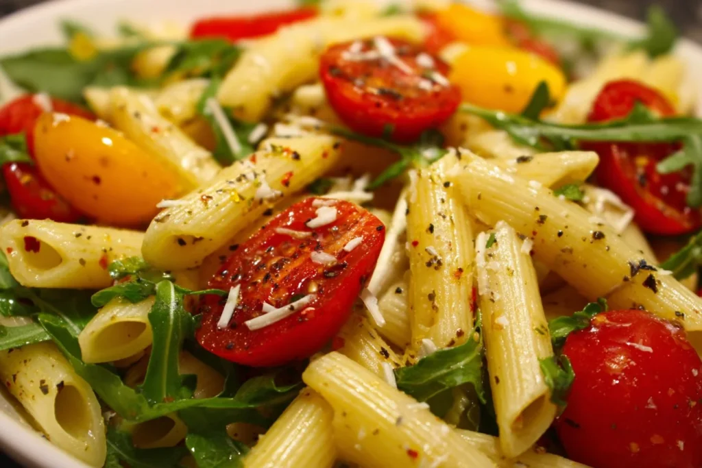 Easy pasta salad with fresh vegetables and dressing in a bowl
