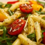 Easy pasta salad with fresh vegetables and dressing in a bowl