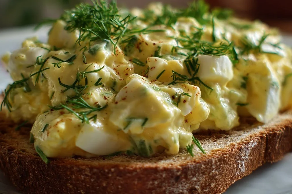 Delicious homemade egg salad served in a bowl with fresh herbs.