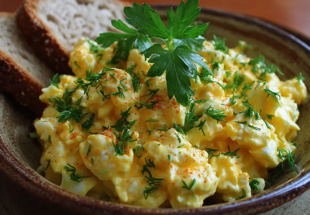 Delicious homemade egg salad in a bowl with fresh herbs and spices