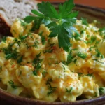 Delicious homemade egg salad in a bowl with fresh herbs and spices