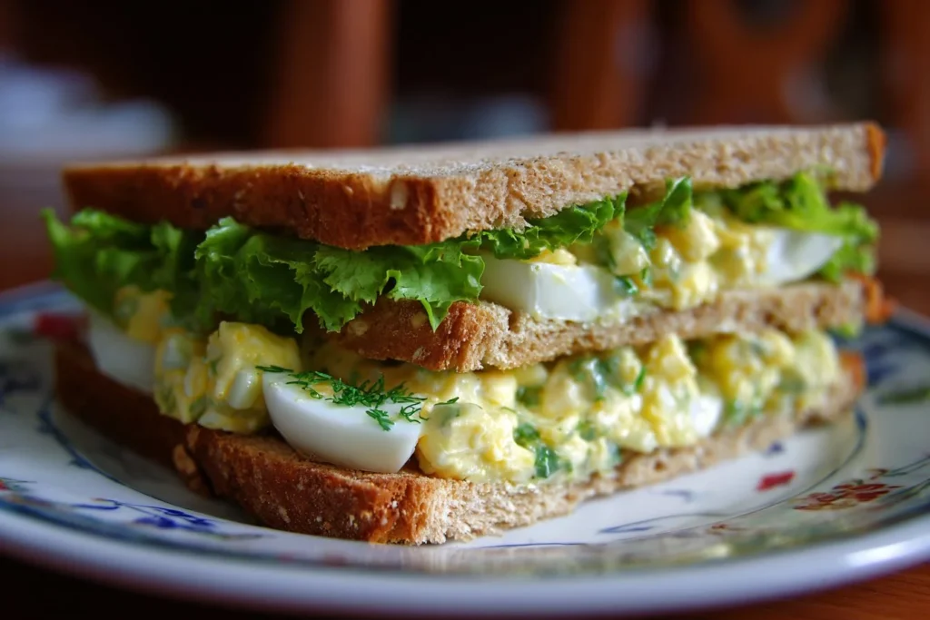 Delicious homemade egg salad sandwich on a plate
