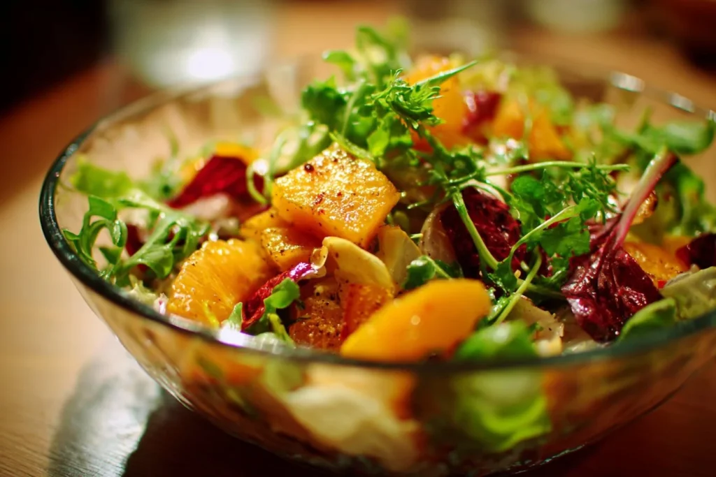 Colorful fall salad with seasonal ingredients like squash, apples, and nuts.