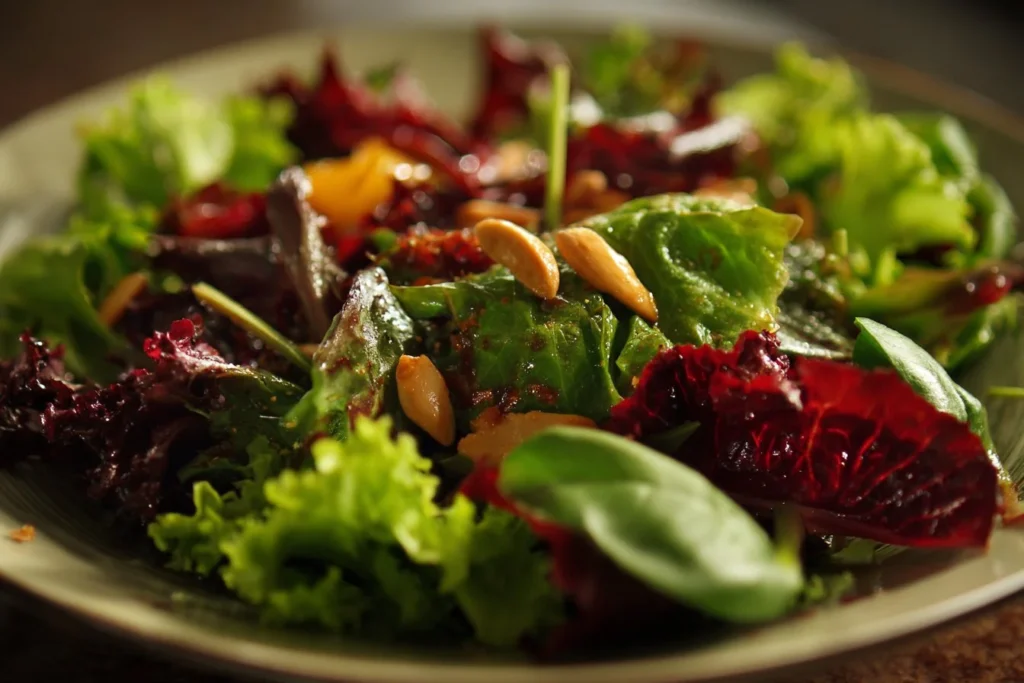 A vibrant fall salad with seasonal vegetables and nuts, served in a bowl.