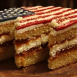 Delicious Flag Cake decorated with berries and cream for patriotic celebrations