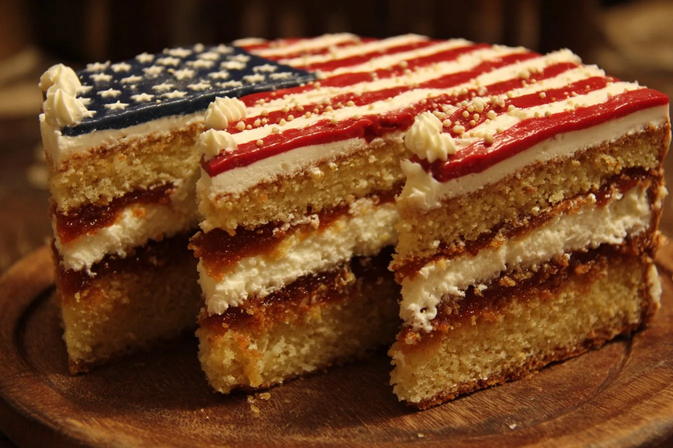 Delicious Flag Cake decorated with berries and cream for patriotic celebrations