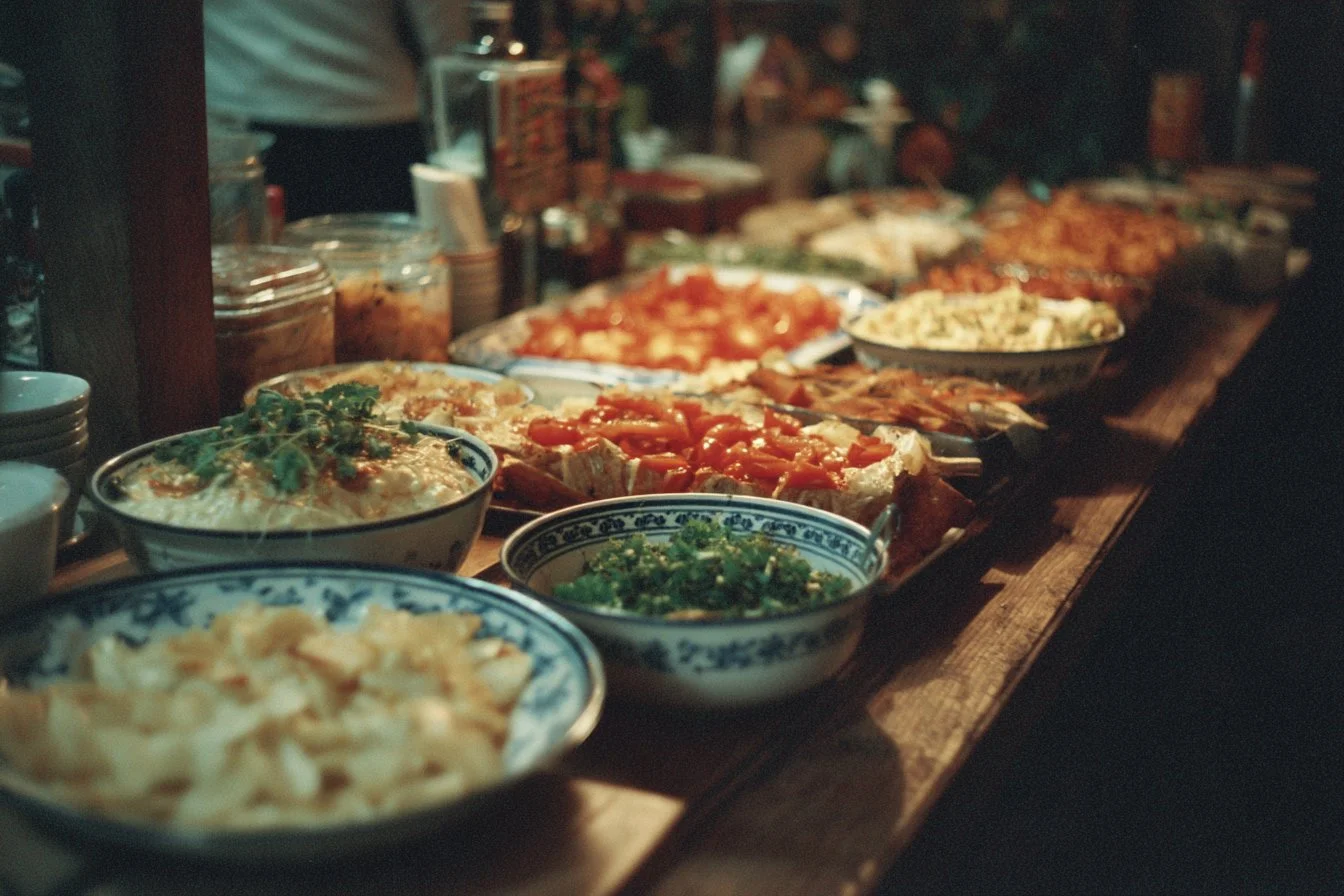 Elegant food displays showcasing a variety of gourmet dishes at an event